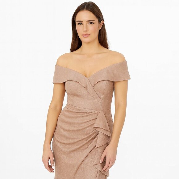 Xscape Evenings Metallic Knit Off-Shoulder Cascade Ruffle Gown Size 8 NWOT - Picture 1 of 13